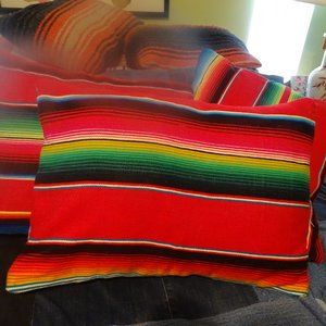 3 pillows from Mexican blanket, wool/cotton; backings different fabric, 19"x21"